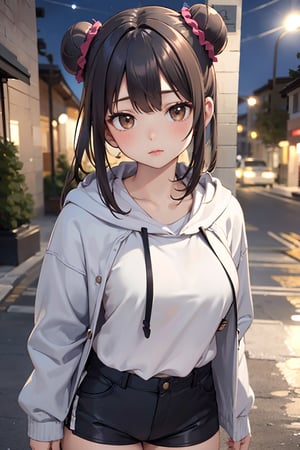 Upper body portrait:1.3, 1girl, 22yo, collage student, solo, long hair, breasts, looking at viewer, bangs, large breasts, black hair,(twin buns hair:1.4), breask, brown eyes, standing, closed mouth, outdoors,oversized grey hoodie, jacket, skinny shorts, lips, collage, night, realistic, 1 girl,Extremely Realistic, small face, 