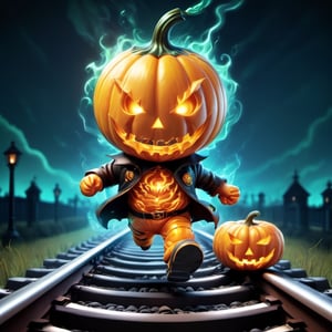 (halloween theme:1.5), (jack O'lantern:1.5), (pumpkin:1.5), (burning Jack O'lantern:1.5), (chibi emote:1.3), (chibi character:1.3), (runnning:1.5), (railway:1.5), 