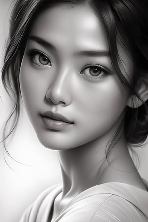 A mesmerizing pencil drawing of an Asian woman, showcasing her serene expression and exquisite features. The delicate strokes of the pencil create a sense of depth and realism, with a focus on her facial details, such as her softly defined cheekbones, gently arched brows, and captivating eyes. The overall artwork exudes a sense of grace, beauty, and tranquility, with a timeless elegance that transcends the boundaries of artistry.