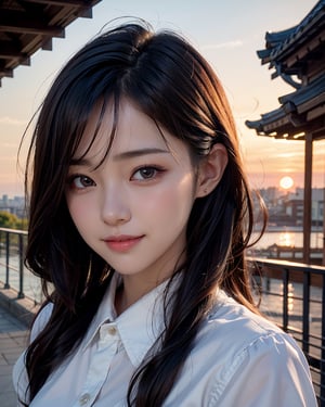 1girl, busty, high res, portrait, small round face, busty, bright smile, Korean hot model, 25yo, pale skin, black wavy hair, sunset, sunset scenery, wearing a french maid costume, cutefirlmix, ,Asian, 8k, medium quality, masterpiece, sharp focus, face focus, 