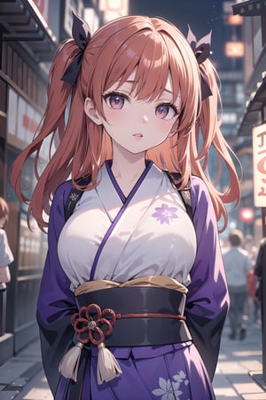 (masterpiece, top quality, best quality, official art, beautiful and aesthetic:1.2), hdr, high contrast, 1girl, solo, orange hair, two side up hair, looking at viewer, brown eyes, anime waifu, upper body, parted lips, busty, blurry, lips, film noir, fantasy, dynamic, standng with arms behind back, noir, mafia, yakuza, (kimono, ancient Japanese clothes, Japanese traditonal clothes, wafuku, furisode)),(dark purple theme:1.4), finger detailed, background detailed, ambient lighting, extreme detailed, cinematic shot, realistic ilustration, (soothing tones:1.3), (hyperdetailed:1.2), 