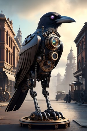 A striking cinematic 3D render of a futuristic raven-inspired cyborg in a steampunk world. The mechanical bird stands tall on two legs, adorned with gears and intricate metalwork. Its wings are replaced with industrial blades, and its head has a sleek, eye-like camera for a face. The background shows an urban landscape with Victorian-style buildings, steam-powered vehicles, and flickering gas lamps, creating a dystopian atmosphere.