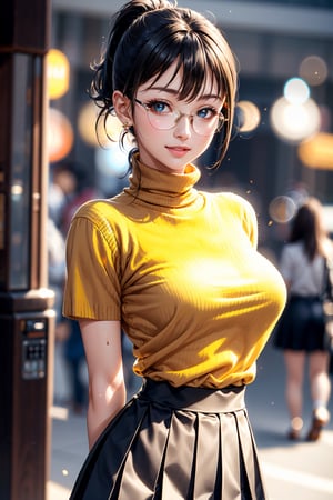 high resolution, Photo of a beautiful woman detailed_face,
young handsome girl,realistic:0.5, perfect skin, (wearing a glasses:1.5), (ultra-detailed background, detailed background), bokeh, make happy expressions, happy emotion, gorgeous,pure, beautyfull detailed face and eyes,breasts,
(black eyes:1.1), (Audrey Hepburn:1.3), (a extremely pretty and beautiful Japanese woman), (sexy girl), (professional attire:1.3), (22 years old: 1.1), 

BREAK
breasts, (orange turtleneck sweater:1.2), (beige Pleated skirt:1.2), (leather boots))), cleavage, beautiful detailed skin, (cute:1.2), (blonde hair), ((jpop idol)), (upper thigh:0.6), (depth of field),soft light, Lens Glow

looking at viewer,
(Drooping eyes:1.2),
straight teeth,smile,
floating hair, (blond hair:1.2),
brown eyes

BREAK
movie scene, cinematic, full colors, 4k, 8k, 16k, RAW photo, masterpiece, professionally color graded, professional photography,
high school girl, hair up, consider,(short sleeve shirt),(sweat,sigh)1.2,bra, soft clean focus, realistic lighting and shading, (an extremely delicate and beautiful art)1.3, elegant,active angle,dynamism pose

BREAK
(ponytail:1.3), (shiny-black thin hair:1.2), bangs, dark brown eyes, beautiful eyes, princess eyes, (big eyes:1.3), bangs, wearing a glasses:1.3, Hair between eyes, short hair:1.3, (slender:1.1), (medium-breasts:0.95), (thin waist: 1.15), (detailed beautiful girl: 1.4), Parted lips, Red lips, full-make-up face, (shiny skin), ((Perfect Female Body)), (upper body image:1.3), Perfect Anatomy, Perfect Proportions, (most beautiful Korean actress face:1.3, extremely cute and beautiful Japanese actress face:1.3), ,(1glasses girl:1.3, solo), ,(blush:1.1), gray background, solo focus, (bust shot:1.2),
cinematic light, (nostalgic night scene:1.4), (amusement park:1.4), the vibrant glow of neon lights, retro-styled carnival rides, (arms behind back :1.4),
(looking at viewer:1.2),jwy1,yeonyuromi