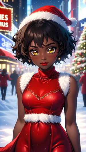 anitoon style, solo, dark skin, 1girl, yellow eyes, jewelry, black hair, short hair, dark-skinned female, makeup, lipstick, looking at viewer, curly hair, bare_top_velvet dress, santa costume, fluffy fur dress, red dress, sleeveless, highneck, Times Square Garden, Night, Christmas, ,ral-chrcrts,christmas