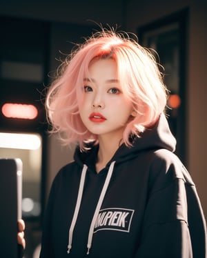 (film noir:1.3), 1girl, solo, a stunning beautiful Asian girl with angry, light pink hair, short hair, ruind, wearing a black punk hoodie, looking at camera, 8k, high res, middle quality, ,dreamgirl, film grain:0.6,Realism