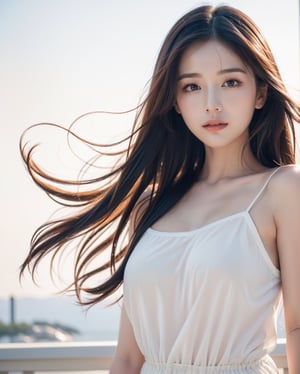 long windblown hair, long windblown hair,(4k, RAW photo, best quality, masterpiece:1.2),ultra high res,(photo realistic:1.2),High detail RAW color photo,professional photograph,(realistic, photo realistic:1.4),((best quality)),japanese girl, wearing a camisole dress,