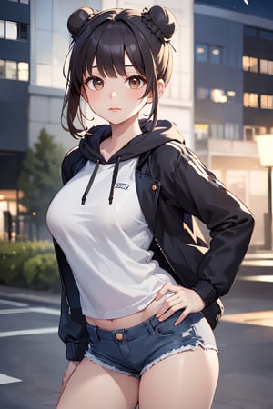 Upper body portrait:1.3, 1girl, solo, long hair, breasts, looking at viewer, bangs, large breasts, black hair,(twin buns hair:1.4), breask, brown eyes, standing, closed mouth, outdoors,oversized grey hoodie, jacket, skinny shorts, lips, collage, night, realistic, 1 girl,Extremely Realistic, small face, 