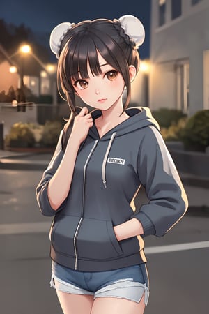 Upper body portrait:1.3, 1girl, solo, long hair, breasts, looking at viewer, bangs, large breasts, black hair,(twin buns hair:1.4), breask, brown eyes, standing, closed mouth, outdoors,oversized grey hoodie, jacket, skinny shorts, lips, collage, night, realistic, 1 girl,Extremely Realistic, small face, 