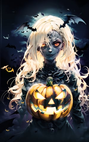 (Halloween theme:1.2), (shibuya halloween:1.5), bat girl, long hair, red eyes, bat ears, 
BREAK, 
Beautiful illustration, top-quality, (cute Russian bat girl,  Caucasian:1.3), having bat features, (bat girl:1.5), 
BREAK,  (red eyes:1.5, pale skin:1.1), (beautiful, 20 years old:1.5), slim, slender, (medium breasts), (clean face:1.3), (bat ear:1.3)
BREAK, 
(black elegant full lacy gothic dress), (latex corset), (black latex stockings), (knee-high-over-boots, pin-hells), (insanely detailed clothes), (halloween costume), 
BREAK, 
arms behind back, arms up on head, blue eyess, lovely thighs, (jack o'lantern:1.3), (looking straight at the viewer), (view viewer:1.3), (upper body:1.3), top angle, simple black background, (((dark background:1.5))), (halloween), (halloween background), 