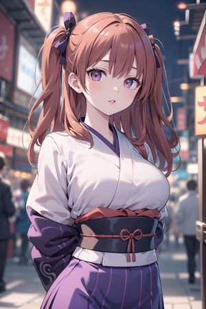 (masterpiece, top quality, best quality, official art, beautiful and aesthetic:1.2), hdr, high contrast, 1girl, solo, orange hair, two side up hair, looking at viewer, brown eyes, anime waifu, upper body, parted lips, busty, blurry, lips, film noir, fantasy, dynamic, standng with arms behind back, noir, mafia, yakuza, (kimono, ancient Japanese clothes, Japanese traditonal clothes, wafuku, furisode)),(dark purple theme:1.4), finger detailed, background detailed, ambient lighting, extreme detailed, cinematic shot, realistic ilustration, (soothing tones:1.3), (hyperdetailed:1.2), 