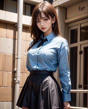 1girl, solo, medium hair, looking at viewer, bangs, large breasts, black hair, straight hair, brown eyes, standing with arms behind back, light blue collared shirt, long sleeve, cowboy shot, black formal tie, blue shirt, lips, black pleated skirt, makeup, girly style, school girl look, arms behind back, realistic, black skirt, in city, stanidng with arms behind back, busty, skinny, 