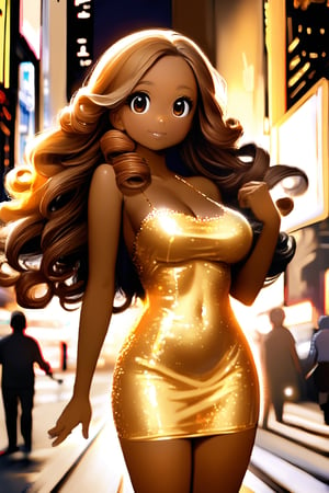1black american girl, brown skin, tall, busty, wearing a golden bodycon dress with sequins, slim dress, golden effect, golden theme, curly light brown hair, long hair, NY, night, Times Square Gurden, 
