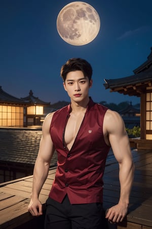 (masterpiece, top quality, best quality, official art, hdr, high contrast, ultra high res), light brown hair, whort pulled back hair, looking at viewer, 1man, solo, a muscular Korean boy, 20yo, tall, great muscular , broad shoulders, biceps,ninja costume:1.3,dogi:1.3, full moon, moon light, Japanese castle, rooftop,, thin lips, squinted eyes, sharp cheeks, sharp jawline, flared nose, black_eyes, dark olive skintone, 