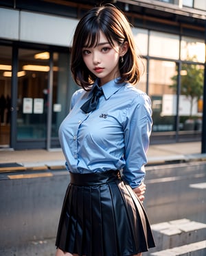 1girl, solo, medium hair, looking at viewer, bangs, large breasts, black hair, straight hair, brown eyes, standing with arms behind back, light blue collared shirt, long sleeve, cowboy shot, black formal tie, blue shirt, lips, black pleated skirt, makeup, girly style, school girl look, arms behind back, realistic, black skirt, in city, stanidng with arms behind back, busty, skinny, ,tan skin