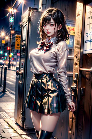 (((1school girl:1.3, solo))), a extremely pretty and beautiful Japanese woman, (22years old:1.3), (full body:1.3), 
BREAK,
(standin in telephone box:1.3), (syalish stangind posing:1.3), (from below:1.3), (low angle:1.3), (serious emotion:1.3, closed mouth, doyagao), (looking up at the full-moon:1.3), 
break,
(curly messhy hair:1.3), (thin hair:1.3),(wavy short bob hair:1.3), bangs, dark brown eyes, beautiful eyes, princess eyes, bangs, Hair between eyes, slender, abs, perfect abs, (medium-small breasts:0.95), (thin waist: 1.35, abs:0.95), (detailed beautiful girl: 1.4), Parted lips, Red lips, full-make-up face, (shiny skin), ((Perfect Female Body)), Perfect Anatomy, Perfect Proportions, (most beautiful Korean actress face:1.3, extremely cute and beautiful Japanese actress face:1.3, seductive light smile, happy,
BREAK,
(wearing a (tuck-out sweater,sweater pull:1.3), (School Uniforms:1.2), (wear a beige knit-sweater over a white shirt:1.2), (red bow:1.3), (plaid pattern pleated skirt:1.2), detailed clothes, 
BREAK,
(simple black background:1.2), (at dark-night-street:1.3), (moonlight dripping:1.3), (fake lights: 1.3), (backlight: 1.3), (telephone box, telephonoe, wind, door, night street, full moon, light disappeared street lights, red full-moon),
BREAK,
(Realistic, Photorealistic: 1.37), (Masterpiece, Best Quality: 1.2), (Ultra High Resolution: 1.2), (RAW Photo: 1.2), (Sharp Focus: 1.3), (Face Focus: 1.2), (Ultra Detailed CG Unified 8k Wallpaper: 1.2), (Beautiful Skin: 1.2), (pale Skin: 1.3), (Hyper Sharp Focus: 1.5), (Ultra Sharp Focus: 1.5), (Beautiful pretty face: 1.3), (super detailed background, detail background: 1.3), Ultra Realistic Photo, Hyper Sharp Image, Hyper Detail Image,