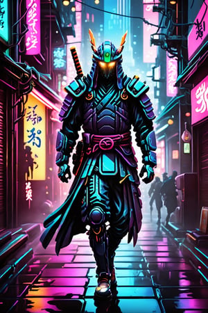 In the dystopian urban sprawl, envision a cybernetically enhanced street samurai, adorned in high-tech armor, striding through neon-lit alleyways. A cascade of shadows and vibrant lights plays upon the gleaming blades and cybernetic implants, defining a modern warrior's silhouette. Imagine the contrast of traditional samurai aesthetics seamlessly blended with futuristic cyberpunk elements, creating a visual narrative of resilience and adaptability amidst the chaos of the metropolis. This prompt invites the generation of a hyper-realistic image, encapsulating the essence of a street samurai navigating the gritty streets, a symbol of tradition and cutting-edge technology coexisting in a captivating amalgamation.,LegendDarkFantasy