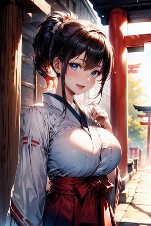 (1pony tail girl:1.3, solo), (shop girl), (upper body:1.3), (standing at Japanese ancient Temple, Torii background:1.3), (((starring at the viewer:1.5))), (leaning forward:1.3), BREAK, 1girl, solo, milf, European girl, hot model, (attractive model:1.37), (promotional model:1.2), highly detailed eyes and pupils, realistic skin, ((attractive body, gigantic breast:1.38, disproportionate breasts:1.38, thin waist:1.15)), ((pony-tail:1.5)), pony tail hair,  (shiny-black hair:1.3), extremely detailed hair, delicate sexy face, sensual gaze, shiny lips, BREAK, (miko uniform:1.3), red hakama skirt:1.3),(white sleeves:1.2),(japanese clothes:1.0), detailed clothes, BREAK, (blurry background:1.25, simple background, no-human background, detailed background), (under sunset:1.37), BREAK, (attractive posing), ((realistic, super realistic, realism, realistic detail)), perfect anatomy, perfect proportion, bokeh, depth of field, hyper sharp image, (attractive emotion, seductive smile:1.2, happy:1.2, blush:1.2, :d:1.2, :p:1.2), 4fingers and thumb, perfect human hands, wind, BREAK, (Masterpiece, best quality, photorealistic, highres, photography, :1.3), ultra-detailed, sharp focus, professional photo, commercial photo,1 girl
