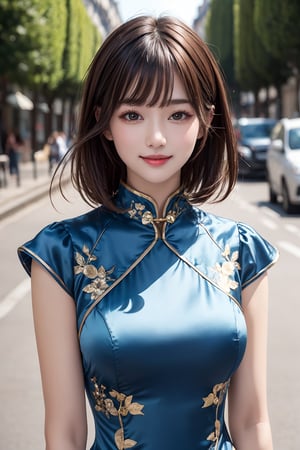 1girl, solo,medium hair, breasts, looking at viewer, smile, bangs, large breasts, light brown hair, brown eyes, closed mouth, blue satin cheongsam dress, upper body, frace, paris, , black eyes, lips, clothing cutout, realistic, V arms, 