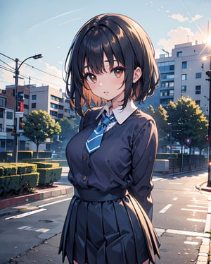 1girl, solo, medium hair, looking at viewer, bangs, large breasts, black hair, straight hair, brown eyes, standing with arms behind back, light blue collared shirt, long sleeve, cowboy shot, black formal tie, blue shirt, lips, black pleated skirt, makeup, girly style, school girl look, arms behind back, realistic, black skirt, in city, stanidng with arms behind back, busty, skinny, chibie emote, 