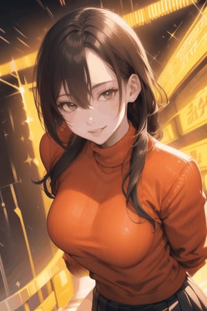 1girrl, solo, stunning beautiful Cancasian girl, 22yo, (dancing and tune, erubeat, parapara), wearing a red leather coat and skirt, turtleneck sweater, face close_up, grin smile, dynamic, best quality, masterpiece, magic, spark, light, ,wonder beauty ,niji