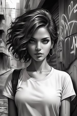 A captivating pencil art illustration of a female portrait, blending the rebellious spirit of street art with the elegance of portraiture. The subject has a bold and striking appearance, with her eyes gazing confidently at the viewer. Her hair is styled in a way that suggests a connection to urban culture, while her attire is a mix of casual and sophisticated elements. The background features a vibrant cityscape, with graffiti-filled walls and dynamic shapes that complement the subject's allure. The artwork exudes a sense of individuality and self-expression, celebrating the diversity and dynamism of contemporary society.