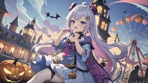 qiqi (genshin impact):1.5, 1girl, solo, at amusmentpark:1.5, halloween, jack o'lantern, eating candy, candy ghost:1.5, candy monster:1.5, taking candy ghost, wearing a halloween princess outfit, ,C4ndyl4ndAI, splash playing candy background:1.3, Ferris wheel, roller coaster:1.5, halloween, halloerrn amusement park, holding candy, candy devil, candy evil, candy, 