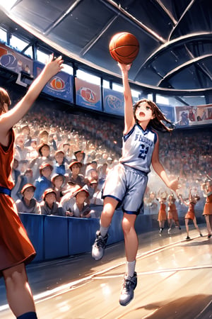 A thrilling basketball shoot scene featuring a female player in mid-action, with her arm extended and her eyes focused on the hoop. The atmosphere is dynamic, with the player's teammates cheering her on and opponents watching in anticipation. The background shows a packed stadium, with banners and flags creating a lively atmosphere.