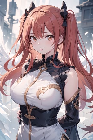 (masterpiece, top quality, best quality, official art, beautiful and aesthetic:1.2), hdr, high contrast, 1girl, solo, orange hair, two side up hair, looking at viewer, brown eyes, anime waifu, upper body, parted lips, busty, blurry, lips, film noir, fantasy, dynamic, standng with arms behind back, noir, mafia, yakuza, ((ancient celestial clothes)),(white theme:1.4), finger detailed, background detailed, ambient lighting, extreme detailed, cinematic shot, realistic ilustration, (soothing tones:1.3), (hyperdetailed:1.2), 