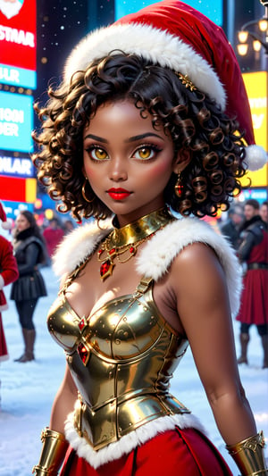 anitoon style, solo, dark skin, 1girl, yellow eyes, jewelry, black hair, short hair, dark-skinned female, makeup, lipstick, looking at viewer, curly hair, Fusion of medieval armor and santa costume, fur clork, ring earing, gold neckless, gold buncles, fluffy fur dress, red dress, sleeveless, highneck, Times Square Garden, Night, Christmas, ,ral-chrcrts,christmas