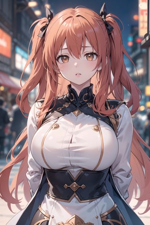 (masterpiece, top quality, best quality, official art, beautiful and aesthetic:1.2), hdr, high contrast, 1girl, solo, orange hair, two side up hair, looking at viewer, brown eyes, anime waifu, upper body, parted lips, busty, blurry, lips, film noir, fantasy, dynamic, standng with arms behind back, noir, mafia, yakuza, ((ancient celestial robe)),(orange theme:1.4), finger detailed, background detailed, ambient lighting, extreme detailed, cinematic shot, realistic ilustration, (soothing tones:1.3), (hyperdetailed:1.2), 