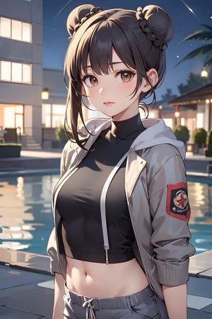 Upper body portrait:1.3, 1girl, solo, long hair, breasts, looking at viewer, bangs, large breasts, black hair,(twin buns hair:1.4), breask, brown eyes, standing, closed mouth, outdoors,oversized grey hoodie, jacket, skinny shorts, lips, collage, night, realistic, 1 girl,Extremely Realistic, small face, 