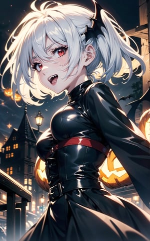(Halloween theme:1.0), (vampire queen:1.3), (silver long hair:1.3), (red eyes:1.3), (vampire fangs:1.3), (extremely pretty and beautiful vampire queen:1.3), 
BREAK, 
Beautiful illustration, top-quality, (cute Russian vampire queen:1.3,  Caucasian:1.3), having vampire features, (vampire queen:1.5), 
BREAK,  
(red eyes:1.5, pale skin:1.1), (beautiful, 20 years old:1.5), slim, slender, (medium breasts), (clean face:1.3), (vampire fangs:1.3), (ash hair:1.3), (white hair:1.3), (silver hair:1.3), 
BREAK, 
(black elegant full lacy gothic dress), (latex corset), (black latex stockings), (knee-high-over-boots, pin-hells), (insanely detailed clothes), (halloween costume), 
BREAK, 
arms behind back, arms up on head, blue eyess, lovely thighs, (jack o'lantern:1.3), (looking straight at the viewer), (view viewer:1.3), (upper body:1.3), top angle, simple black background, (((dark background:1.5))), (halloween), (halloween background), ,fantasy