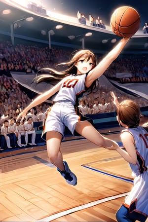 A thrilling basketball shoot scene featuring a female player in mid-action, with her arm extended and her eyes focused on the hoop. The atmosphere is dynamic, with the player's teammates cheering her on and opponents watching in anticipation. The background shows a packed stadium, with banners and flags creating a lively atmosphere.
