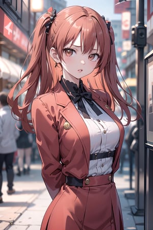 (masterpiece, top quality, best quality, official art, beautiful and aesthetic:1.2), hdr, high contrast, 1girl, solo, orange hair, two side up hair, looking at viewer, brown eyes, anime waifu, upper body, parted lips, busty, blurry, lips, film noir, fantasy, dynamic, standng with arms behind back, noir, mafia, yakuza, ((red formal suit onepiece)),(red theme:1.4), finger detailed, background detailed, ambient lighting, extreme detailed, cinematic shot, realistic ilustration, (soothing tones:1.3), (hyperdetailed:1.2), 