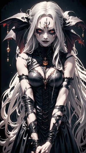 (Halloween theme:1.0), (vampire queen:1.3), (silver long hair:1.3), (red eyes:1.3), (vampire fangs:1.3), (extremely pretty and beautiful vampire queen:1.3), 
BREAK, 
Beautiful illustration, top-quality, (cute Russian vampire queen:1.3,  Caucasian:1.3), having vampire features, (vampire queen:1.5), 
BREAK,  
(red eyes:1.5, pale skin:1.1), (beautiful, 20 years old:1.5), slim, slender, (big sagging breasts), (clean face:1.3), (vampire fangs:1.3), (ash hair:1.3), (white hair:1.3), (silver hair:1.3), 
BREAK, 
(black elegant full lacy gothic dress), (latex corset), (black latex stockings), (knee-high-over-boots, pin-hells), (insanely detailed clothes), (halloween costume), 
BREAK, 
arms behind back, arms up on head, blue eyess, lovely thighs, (jack o'lantern:1.3), (looking straight at the viewer), (view viewer:1.3), (upper body:1.3), top angle, simple black background, (((dark background:1.5))), (halloween), (halloween background), ,fantasy