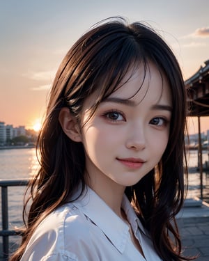 1girl, busty, high res, portrait, small round face, busty, bright smile, Korean hot model, 25yo, pale skin, black wavy hair, sunset, sunset scenery, wearing a french maid costume, cutefirlmix, ,Asian, 8k, medium quality, masterpiece, sharp focus, face focus, 