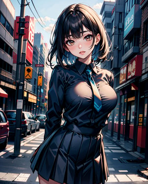1girl, solo, medium hair, looking at viewer, bangs, large breasts, black hair, straight hair, brown eyes, standing with arms behind back, light blue collared shirt, long sleeve, cowboy shot, black formal tie, blue shirt, lips, black pleated skirt, makeup, girly style, school girl look, arms behind back, realistic, black skirt, in city, stanidng with arms behind back, busty, skinny, 