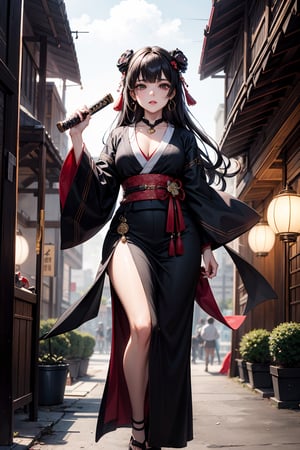 Imagine a bustling metropolis where Edo-era aesthetics collide with Victorian-era steam-powered technology. In the heart of this fusion, stands a formidable woman, the matriarch of a powerful mafia syndicate. Dressed in a blend of traditional kimono and steampunk attire, she exudes an aura of authority and elegance. Her hair, adorned with intricate ornaments, cascades in waves, framing a face etched with determination and cunning. Clutched in her hand is a sleek, modified katana infused with gears and brass accents, symbolizing her mastery of both ancient swordsmanship and cutting-edge innovation. Behind her, towering skyscrapers adorned with paper lanterns and brass fixtures loom, hinting at the underworld empire she commands.
