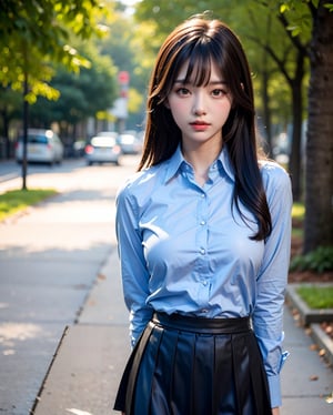 1girl, solo, medium hair, looking at viewer, bangs, large breasts, black hair, straight hair, brown eyes, standing with arms behind back, light blue collared shirt, long sleeve, cowboy shot, black formal tie, blue shirt, lips, black pleated skirt, makeup, girly style, school girl look, arms behind back, realistic, black skirt, in city, stanidng with arms behind back, busty, skinny, ,tan skin