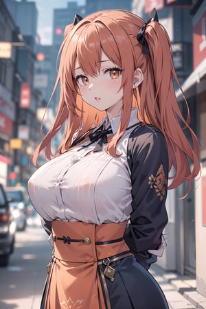 (masterpiece, top quality, best quality, official art, beautiful and aesthetic:1.2), hdr, high contrast, 1girl, solo, orange hair, two side up hair, looking at viewer, brown eyes, anime waifu, upper body, parted lips, busty, blurry, lips, film noir, fantasy, dynamic, standng with arms behind back, noir, mafia, yakuza, ((ancient celestial robe)),(orange theme:1.4), finger detailed, background detailed, ambient lighting, extreme detailed, cinematic shot, realistic ilustration, (soothing tones:1.3), (hyperdetailed:1.2), 