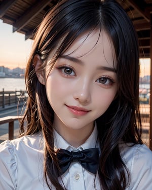 1girl, busty, high res, portrait, small round face, busty, bright smile, Korean hot model, 25yo, pale skin, black wavy hair, sunset, sunset scenery, wearing a french maid costume, cutefirlmix, ,Asian, 8k, medium quality, masterpiece, sharp focus, face focus, 