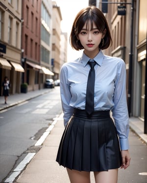 1girl, solo, medium hair, looking at viewer, bangs, large breasts, black hair, straight hair, brown eyes, standing with arms behind back, light blue collared shirt, long sleeve, cowboy shot, black formal tie, blue shirt, lips, black pleated skirt, makeup, girly style, school girl look, arms behind back, realistic, black skirt, in city, stanidng with arms behind back, busty, skinny, 