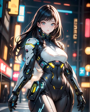 (cyber theme:1.3), (cyber girl:1.3), (female android:1.3), wearing a mechanical body armor:1.3, ,highres,masterpiece