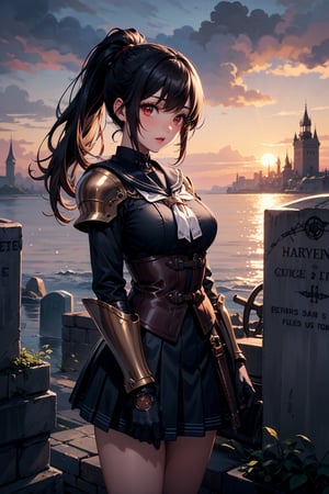 1woman, knight, ponytail, black hair, red eyes, armor, sailor school uniform, sea, sunset, steampunk style, 1girl, steampunk atmosphere, antique, mechanical, brass and copper tones, gears, 1 girl, dark fantasy, dark night, castle, tombstone
