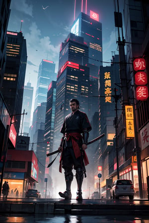 Create an illustration prompt for generating an image of a Japanese samurai reincarnated into the world of Grand Theft Auto, modeled after Toshiro Mifune, the legendary actor. Imagine a sprawling urban landscape, blending futuristic neon-lit skyscrapers with traditional Japanese architecture. The samurai, clad in modernized armor adorned with kanji symbols, stands amidst the chaos, wielding a katana infused with cybernetic enhancements. His expression exudes a stoic determination, reflecting the clash of ancient honor and contemporary lawlessness. Behind him, futuristic vehicles speed through the streets, while looming shadows hint at the presence of rival factions and lurking dangers.