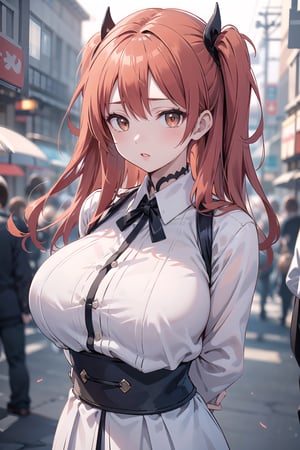 (masterpiece, top quality, best quality, official art, beautiful and aesthetic:1.2), hdr, high contrast, 1girl, solo, orange hair, two side up hair, looking at viewer, brown eyes, anime waifu, upper body, parted lips, busty, blurry, lips, film noir, fantasy, dynamic, standng with arms behind back, noir, mafia, yakuza, ((ancient celestial clothes)),(white theme:1.4), finger detailed, background detailed, ambient lighting, extreme detailed, cinematic shot, realistic ilustration, (soothing tones:1.3), (hyperdetailed:1.2), 