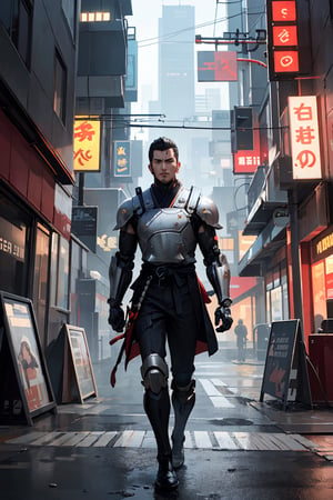 In the dystopian urban sprawl, envision a cybernetically enhanced street samurai, adorned in high-tech armor, striding through neon-lit alleyways. A cascade of shadows and vibrant lights plays upon the gleaming blades and cybernetic implants, defining a modern warrior's silhouette. Imagine the contrast of traditional samurai aesthetics seamlessly blended with futuristic cyberpunk elements, creating a visual narrative of resilience and adaptability amidst the chaos of the metropolis. This prompt invites the generation of a hyper-realistic image, encapsulating the essence of a street samurai navigating the gritty streets, a symbol of tradition and cutting-edge technology coexisting in a captivating amalgamation.