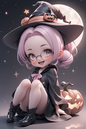 portrait of a chibi emote beautiful halloween girl wearing (black halooween witch costume), (fusion of black magic girl robe: and sailor uniform1.3), (black witch hat:1.2), wearing a glasses:1.3, ((;D:1.3)), perfect face,perfect eyes,HD details,high details,sharp focus,studio photo,HD makeup,shimmery makeup,celebrity makeup,(( centered image)) (HD render)Studio portrait,magic, magical, fantasy, halloween, moon, jack-o' challenge, pink hair, short ponytail:1.3,cls_chibi, arms behid back, chibi emote, chibi character, (forehead:1.3), sitting on Jjack o lantern,
