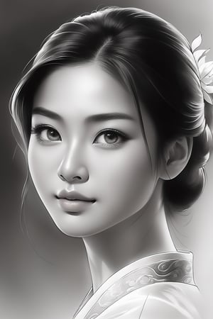 A mesmerizing pencil drawing of an Asian woman, showcasing her serene expression and exquisite features. The delicate strokes of the pencil create a sense of depth and realism, with a focus on her facial details, such as her softly defined cheekbones, gently arched brows, and captivating eyes. The overall artwork exudes a sense of grace, beauty, and tranquility, with a timeless elegance that transcends the boundaries of artistry.