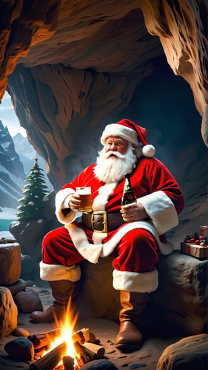 ((a caveman style santa)), sitting on a stone in the cave, drinking beer, bonfire made of stones, christmas,Epic Caves, epic, 8k, high resolution,more detail XL,christmas,SANTA CLAUS